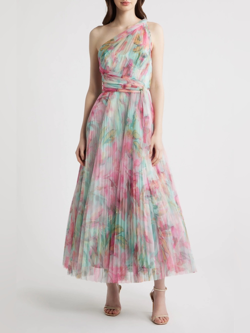 NWT Hutch Philipa Tulle One-Shoulder Midi Dress Pink & Mint